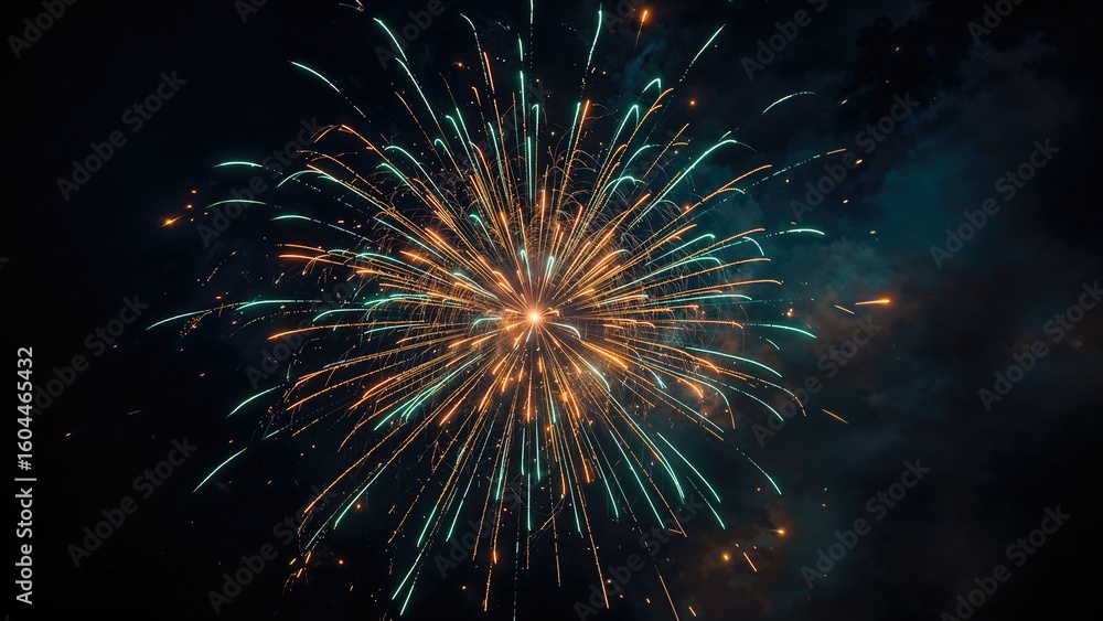 Poster an array of colorful fireworks exploding against a dark backdrop with shimmering gold and vibrant co
