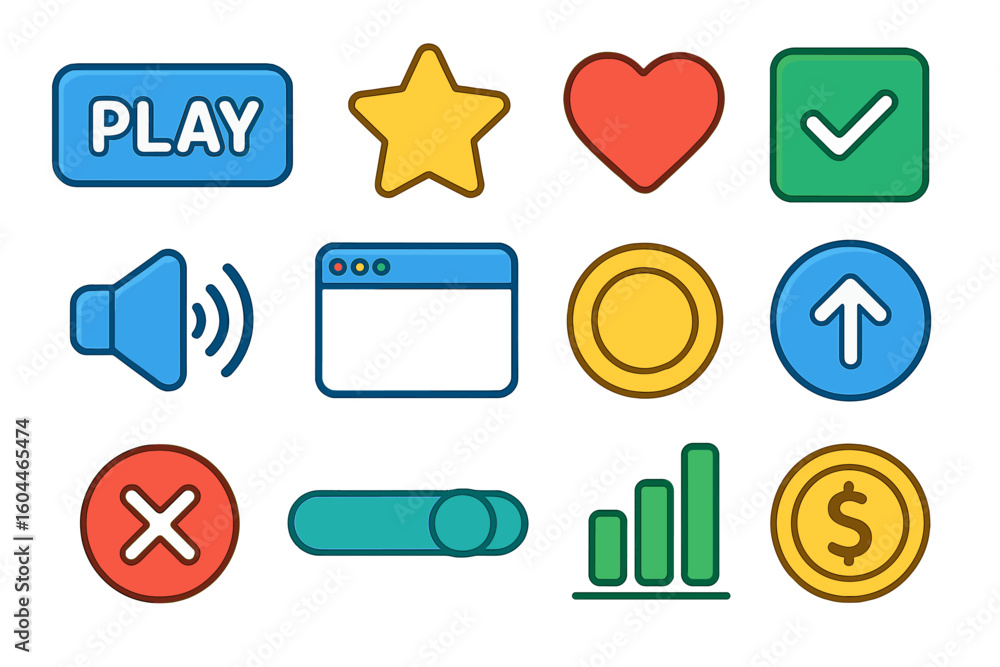 Poster modern colorful ui icon set for web design and game interface—flat cartoon vector icons including pl