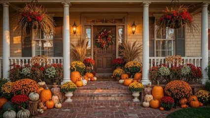 Luxurious outdoor decor featuring bright pumpkins, gourds, and floral mums.