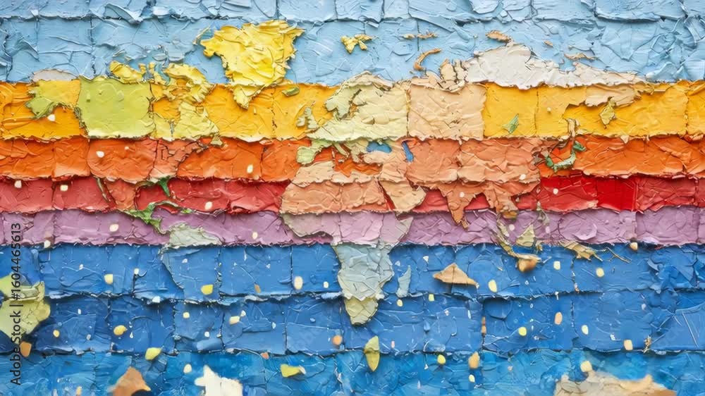 Poster colorful artistic world map painted in textured layers on a canvas background