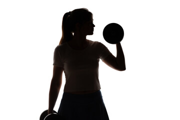 silhouette of young woman with dumbbells in hands on white isolated background, girl engaged in sport
