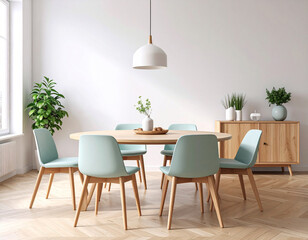 Fototapeta premium Elegant dining room setup featuring round table and mint green chairs modern home interior bright and inviting atmosphere cozy viewpoint contemporary design