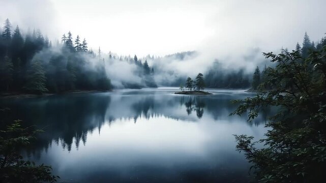 Misty morning fog embraces the serene lake and river landscape, reflecting the tranquil forest under a soft dawn sky, High-quality landscapes nature video footage 