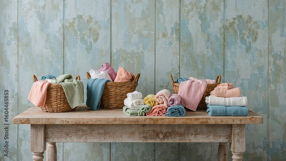 Poster multicolored towels and fabrics organized in baskets resting on a table with a faint background