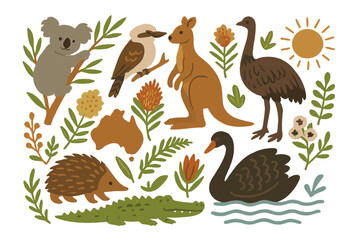 Australian Wildlife Animals Vector Illustration. Koala, Kangaroo, Emu, Kookaburra, Crocodile, Black Swan, Echidna, Native Birds, Plants, Sun. Australia Symbols. Cartoon Nature Clipart Set