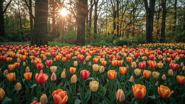 Sun-drenched flowerbed showcasing vivid tulips and blooms