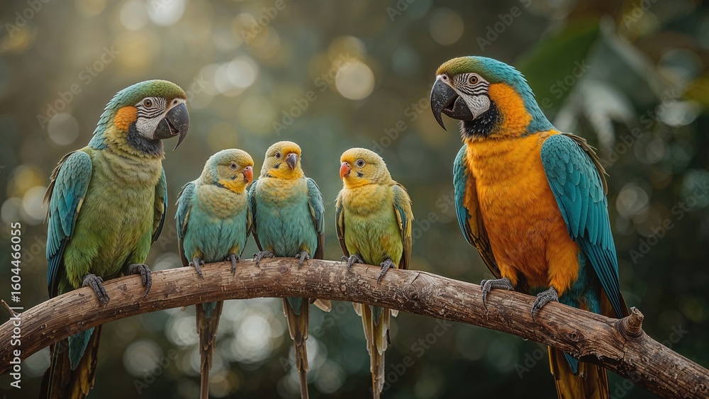 Poster brightly colored creatures cheerfully resting on a tree branch, facing each other.