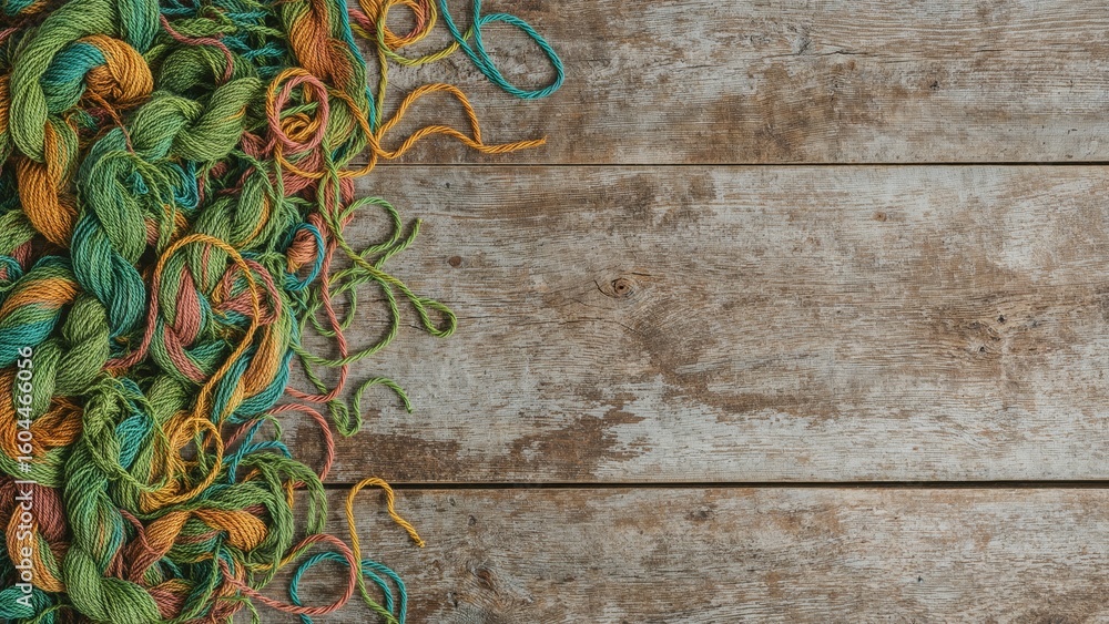 Aufkleber multicolored skeins set on old wooden planks with abstract patterns emphasizing fashion and artistic