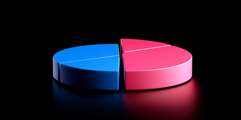 A pie chart divided into two sections, one blue and one pink, is isolated against a black backdrop to visually represent data in an understandable way.