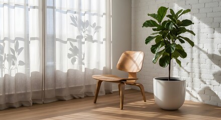 Fototapeta premium Modern Minimalist Interior Design, Serene Home Room with Fiddle Leaf Fig Plant, Elegant Wooden Chair, Sheer Curtains, Natural Sunlight & Shadows