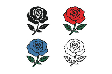 Multicolor Rose Vector Set&mdash;Black, Red, Blue, and Outline Rose Illustrations, Isolated Floral Designs, Botanical Clipart, Tattoo Style, Transparent Background for Print and Digital Use