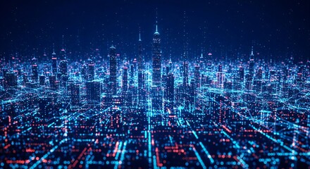 Digital visualization of a futuristic smart city skyline with glowing data streams and network connections at night.