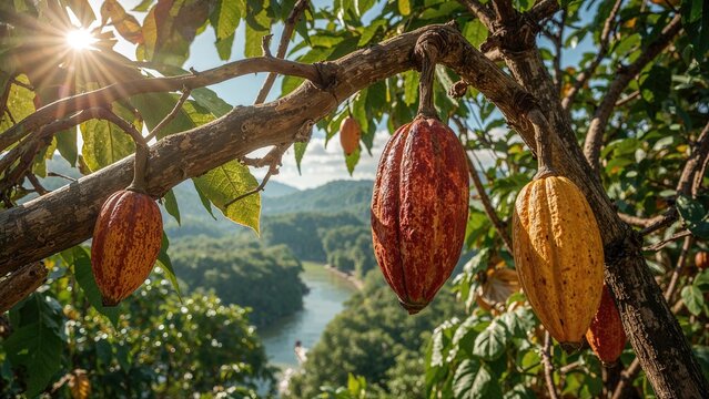 Multicolored cocoa beans hanging from branches in a centuries-old cocoa garden near a waterway