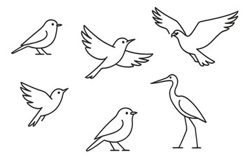 Obraz premium Bird icon set in a minimalist line art style. Collection of various birds like dove, heron, and sparrow in dynamic flying and standing poses. Vector illustration for a logo.