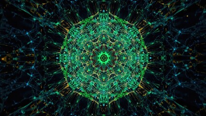 Vibrant geometric figure composed of linked points and lines. Artistic digital network visualization with three-dimensional depth.