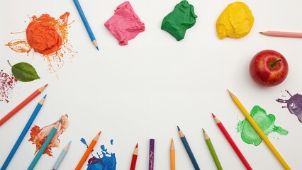 Collection of school essentials like colored pencils, clay, and paper for painting and design