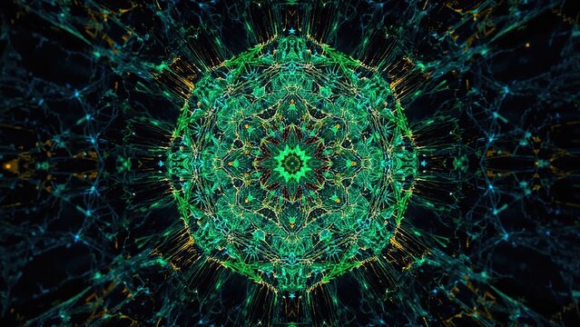 Vibrant geometric figure composed of linked points and lines. Artistic digital network visualization with three-dimensional depth.