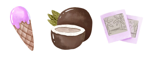 Beach clipart with  ice cream and coconut, photo. Hand drawn watercolor illustration