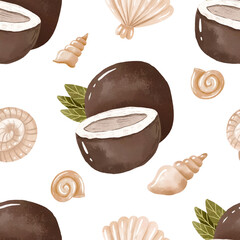 Coconut and shell seamless pattern. Beach tropical endless design
