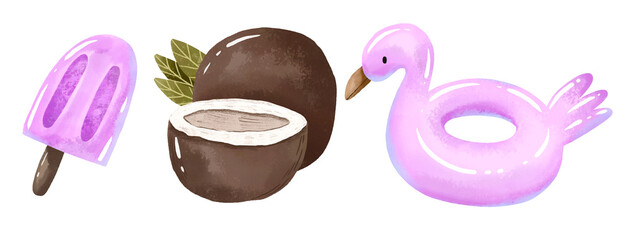 Beach clipart with flamingo float, ice cream and coconut. Hand drawn watercolor illustration
