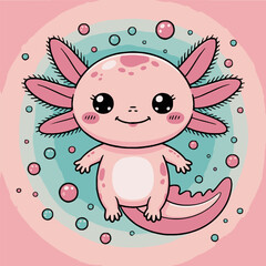 Cartoon axolotl with pink gills smiling surrounded by bubbles on a pink and blue background