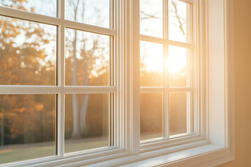 Fototapeta premium Sunlight streams through a window, illuminating a tranquil scene. Nature's beauty blends with architectural design for a serene view.