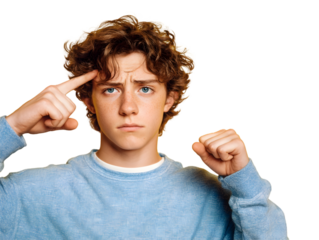 Young man with curly hair thinking while pointing to his head in a blue sweater