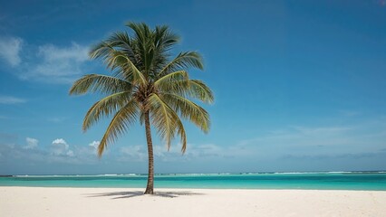 Scenic panorama of a coconut palm by a bright sandy coastline.