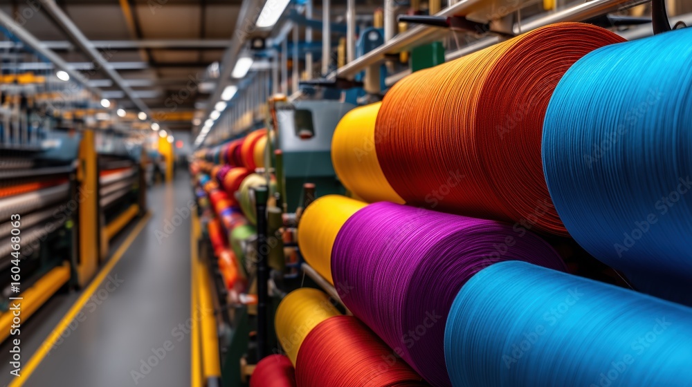 Poster colorful spools of thread in a textile factory with high fidelity panoramic view captured in gigapix
