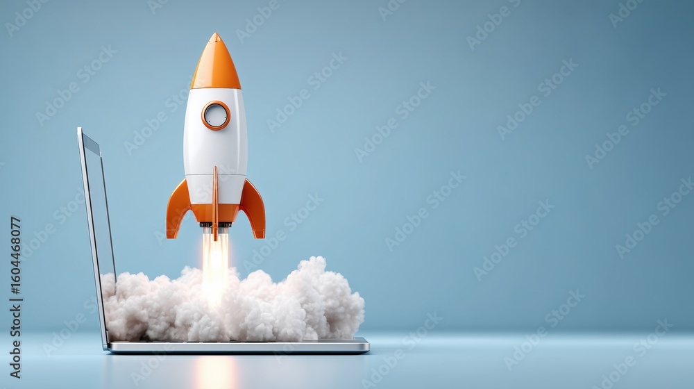 Poster conceptual image of a rocket launching from a laptop screen symbolizing innovative digital startup i