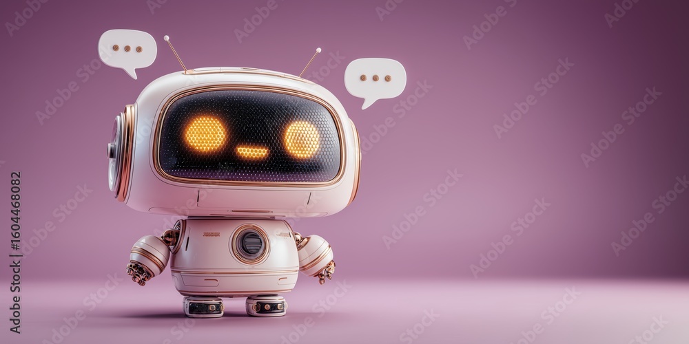 Poster a charming robot delights in communication through speech bubbles, showcasing futuristic technology 