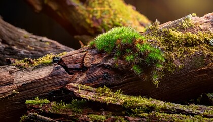 Fototapeta premium decayed and splintered wood with moss and dirt particles showing the natural process of decomposition