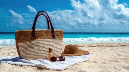 The stylish beach bag ready for a sunny day by the ocean.