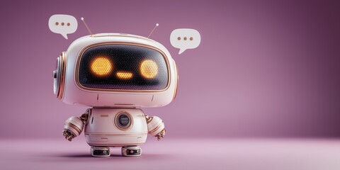 A charming robot delights in communication through speech bubbles, showcasing futuristic technology and artificial intelligence. An engaging and playful digital character design.