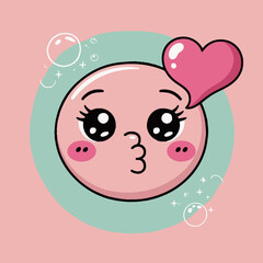 A pink emoji face with big eyes and a heart on its head against a pastel background design style