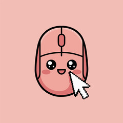 A cute pink computer mouse cartoon character with a cursor on a light pink background image view