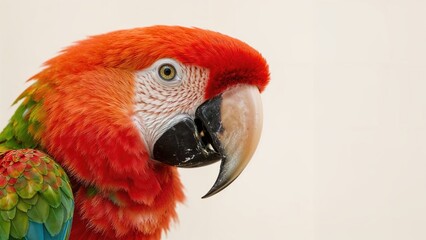 Fototapeta premium Macro image of a bright scarlet macaw with an indistinct background