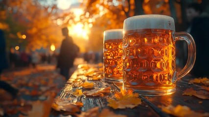 Two frosty mugs of beer on a wooden table surrounded by autumn leaves, with couples enjoying a sunset stroll - Powered by Adobe