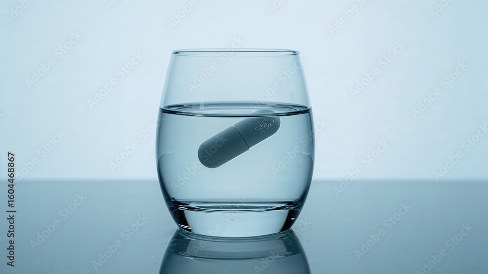 Poster close-up view of a tablet submerged in a glass filled with water, vertical layout with space for tex
