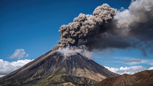 Detailed shot of volcanic ash billowing from an active volcano