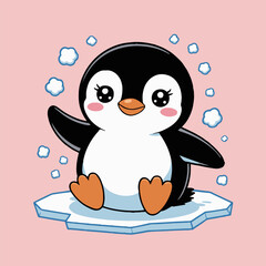 Cartoon penguin sitting on an ice floe with snow clouds on a pink background illustration image