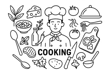 Culinary Chef Cooking Vector Illustration with Kitchen Utensils, Food Ingredients, Salad, Cheese, Cutting Board, Tomato, Knife, Herbs for Restaurant Menu Design, Blog, Branding, Transparent Background