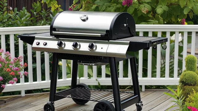 Discover a chic outdoor grilling setup with sleek barbecue gear on a wooden deck, ideal for summer cookouts amid lush greenery