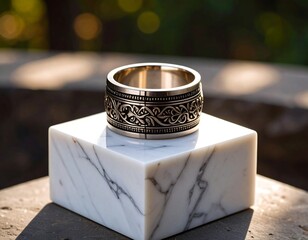 Elegant band ring on marble pedestal