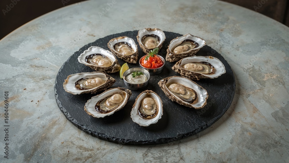 Poster unopened fresh oysters arranged on a circular slate platter against a gray background, close-up with