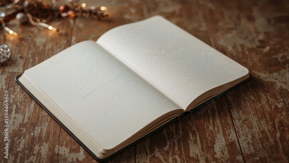 Poster close-up of a white paper texture in a notebook on a wooden surface with a brown vintage filter.