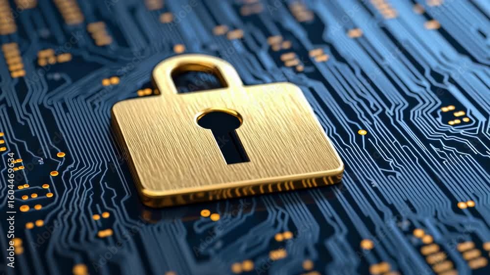 Poster golden padlock on digital circuit board representing cybersecurity and data protection concept