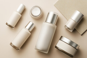 Collection of elegant skincare products arranged aesthetically on a soft surface in neutral tones