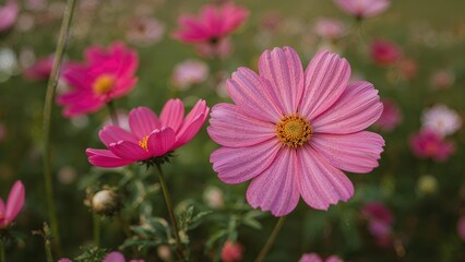 Fototapeta premium Zoomed-in perspective of pink cosmos flowers in a meadow