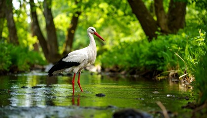 Obraz premium Stork by a stream in a lush forest